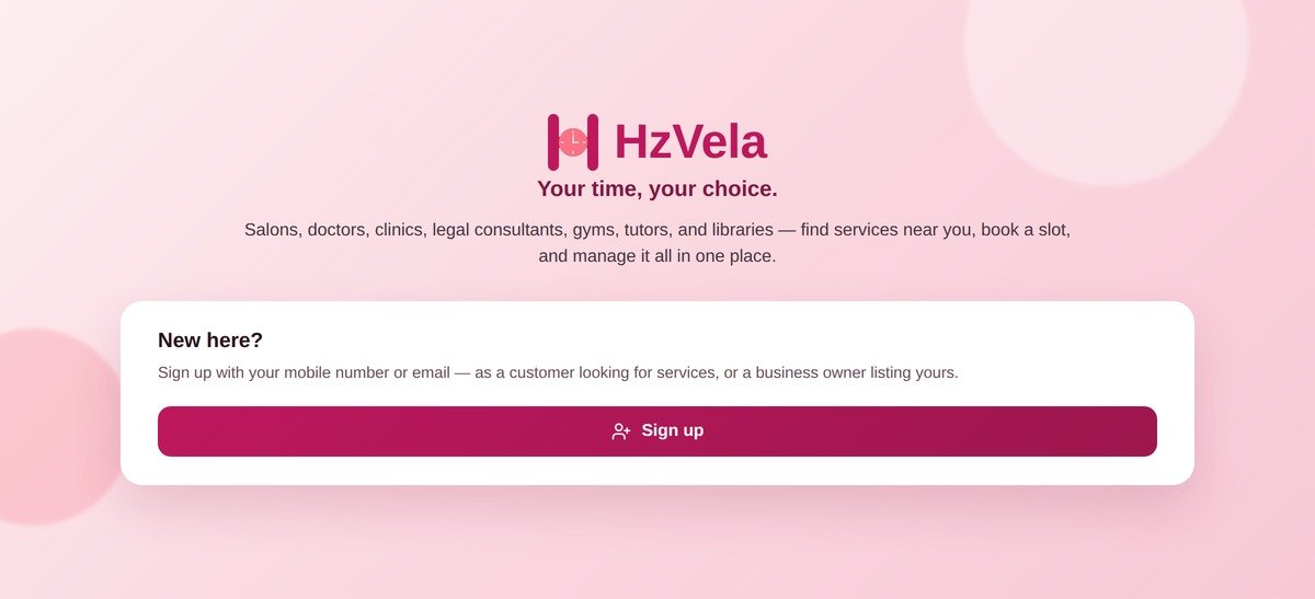 HzVela — online appointment booking app interface
