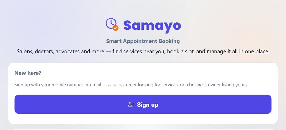 Samayo — smart appointment booking app interface